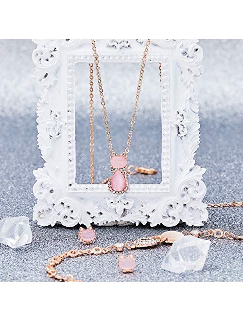 Hicarer 3 Pieces Jewelry Set Cat Necklace Pink Opal Pendant Rhinestone Jewelry Bracelet Set Earring Stud for Teen Girls and Women