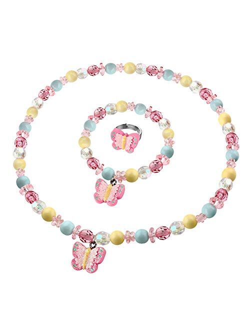 HH-Love-Kids Butterfly Stretch Necklace Little Girl Toddler Necklace Bracelet Jewelry Set, Little Princess Jewelry Kids Play Necklaces Butterfly Rings for Kids