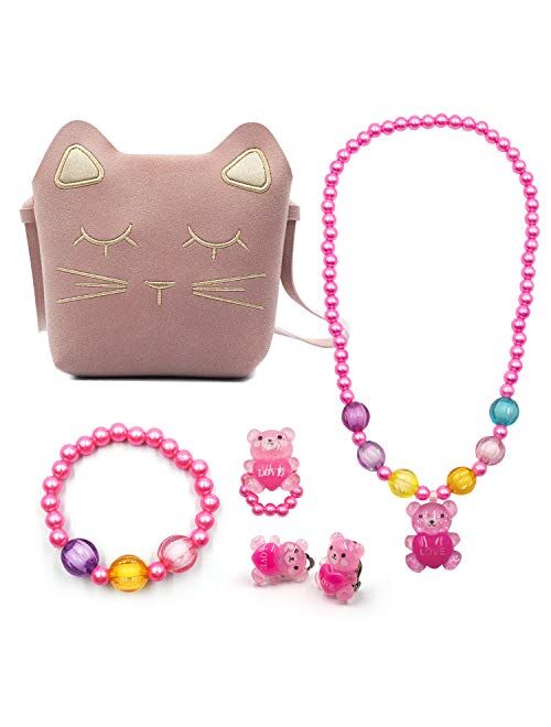 Hpwai Toddler Play Jewelry Set for Little Girls,Children Kids Dress Up Pink Purse Bracelet Neclace Ring Earrings