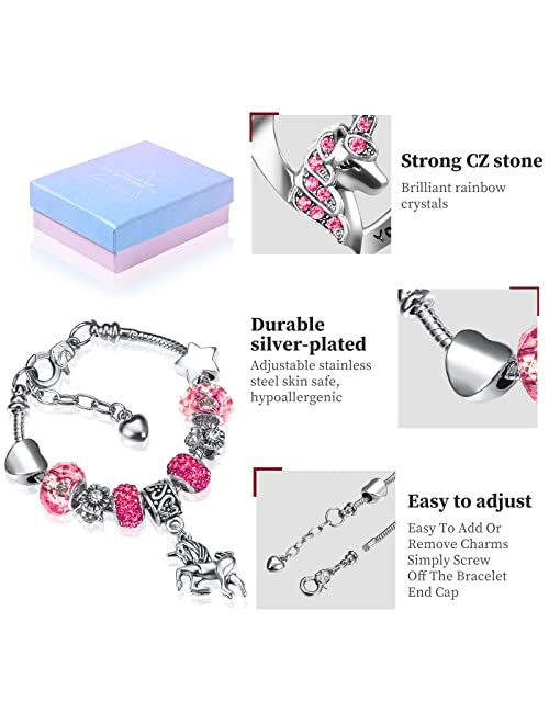 Yaomiao Unicorn Crystal Charm Necklace Bracelet Set Valentine's Day Girl Jewelry Set with Earrings and Ring Girls Jewelry Set for Girl Lady with Present Box