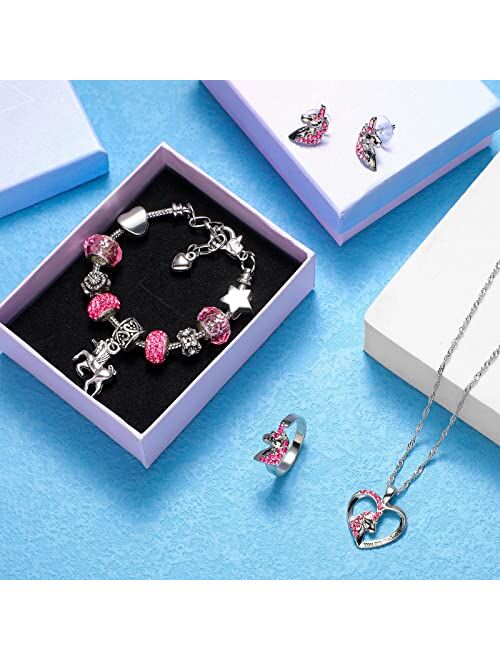 Yaomiao Unicorn Crystal Charm Necklace Bracelet Set Valentine's Day Girl Jewelry Set with Earrings and Ring Girls Jewelry Set for Girl Lady with Present Box
