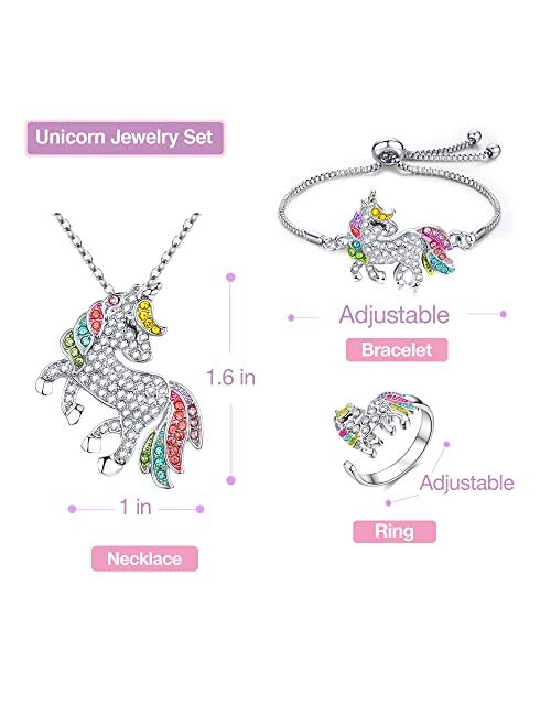 Tutu and Sian Unicorn Jewelry Set for Girls - Necklace, Rings and Adjustable Bracelet - Gifts for Girls