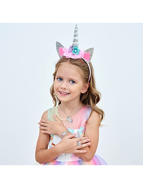 Tutu and Sian Unicorn Jewelry Set for Girls - Necklace, Rings and Adjustable Bracelet - Gifts for Girls