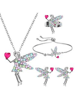 Yaomiao Girls Jewelry Set Unicorn Mermaid Necklace Bracelet Set With Earrings and Ring Girls Jewelry Favors Set for Little Girl With Present Box for Valentine's Day
