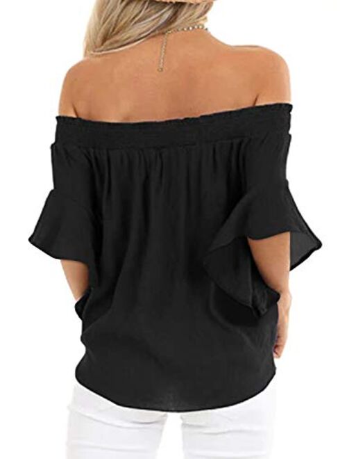 LEIYEE Womens Black Off The Shoulder Tops Summer Short Sleeve Tie Knot T Shirts Blouses