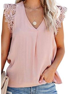 Canikat Womens V Neck Crochet Lace Strappy Cami Tank Tops Casual Loose Sleeveless Shirts Blouses
