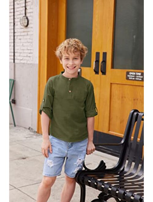 Arshiner Boys Cotton Linen Henley Shirt Button Down Shirt Long Sleeve T Shirt Beach Shirt Tee Casual Solid Tops