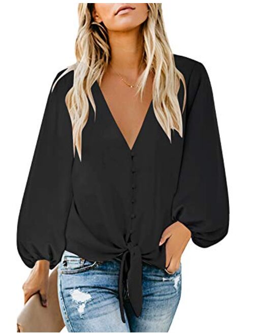 luvamia Women's Casual Long Balloon Sleeve V Neck Loose Button Down Shirts Tie Knot Tops Blouse