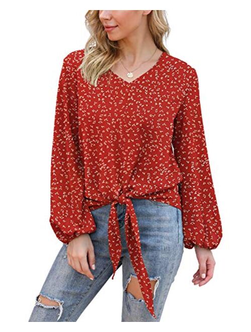 Funko VIISHOW Womens Tie Front Knot Lartern Sleeve Loose Fit V Neck Floral Blouses Chiffon Tops Shirts
