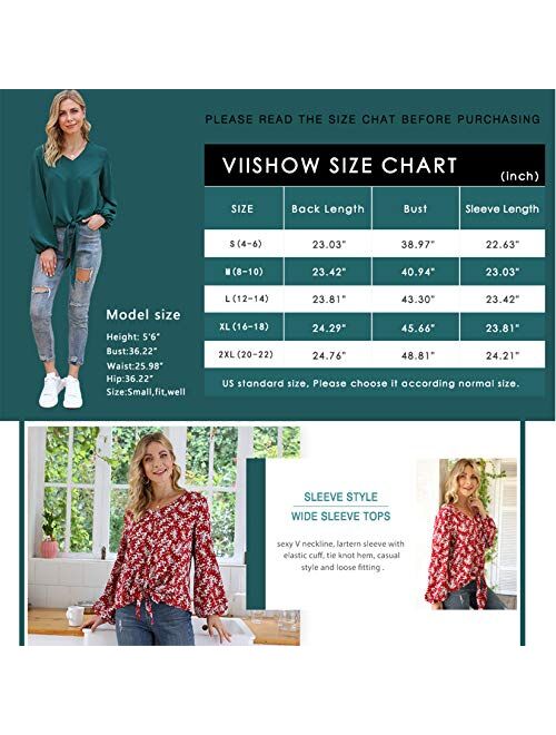 Funko VIISHOW Womens Tie Front Knot Lartern Sleeve Loose Fit V Neck Floral Blouses Chiffon Tops Shirts