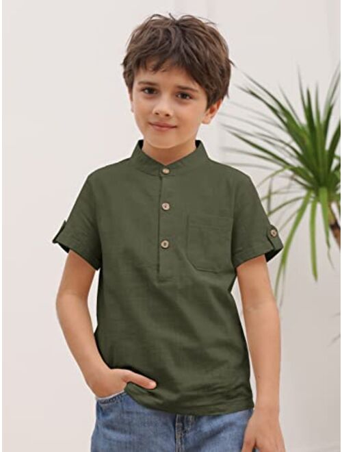 Malliosse Boys Short Sleeve Henley Shirt Button Up Line Cotton Dress Shirts Tees Tops with One Pocket