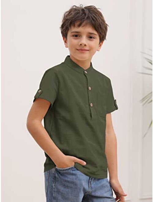 Malliosse Boys Short Sleeve Henley Shirt Button Up Line Cotton Dress Shirts Tees Tops with One Pocket