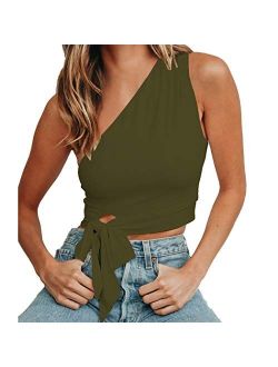 WEEPINLEE Women's Sexy One Shoulder Sleeveless Bowknot Shirts Crop Tops