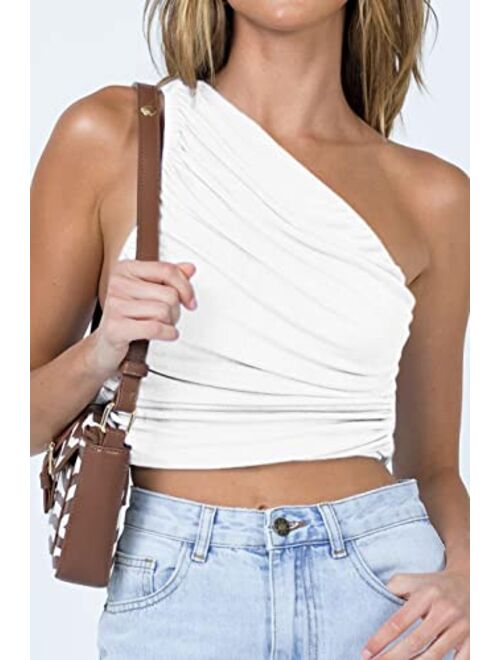 CHYRII Women's Sexy Sparkly One Shoulder Crop Tops Sleeveless Ruched Tank Tops