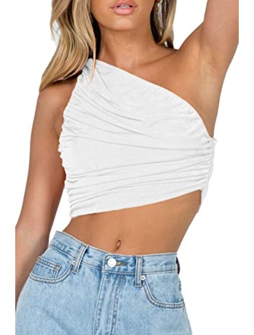 CHYRII Women's Sexy Sparkly One Shoulder Crop Tops Sleeveless Ruched Tank Tops