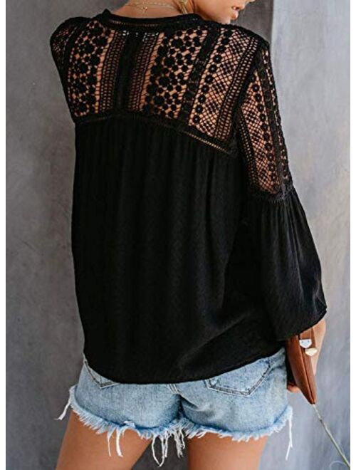 FARYSAYS Women's Tops Lace Crochet V Neck Button Down Bell Sleeve Shirts Casual Loose Blouses