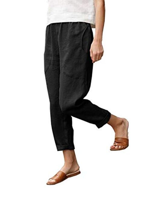 Langwyqu Womens Casual Cotton Tapered Capri Cargo Pants Loose Elastic Waist Ankle Cropped Trouser with Pockets
