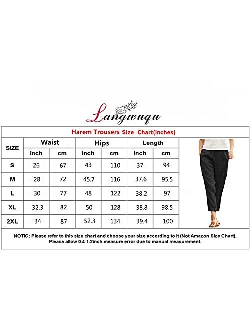 Langwyqu Womens Casual Cotton Tapered Capri Cargo Pants Loose Elastic Waist Ankle Cropped Trouser with Pockets