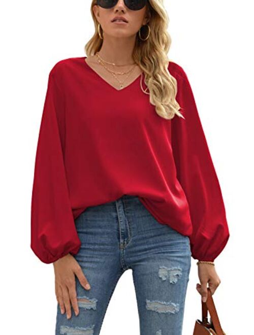 WANGZHI Women's Casual Sweet & Cute Loose Shirt Balloon Sleeve V-Neck Blouse Top