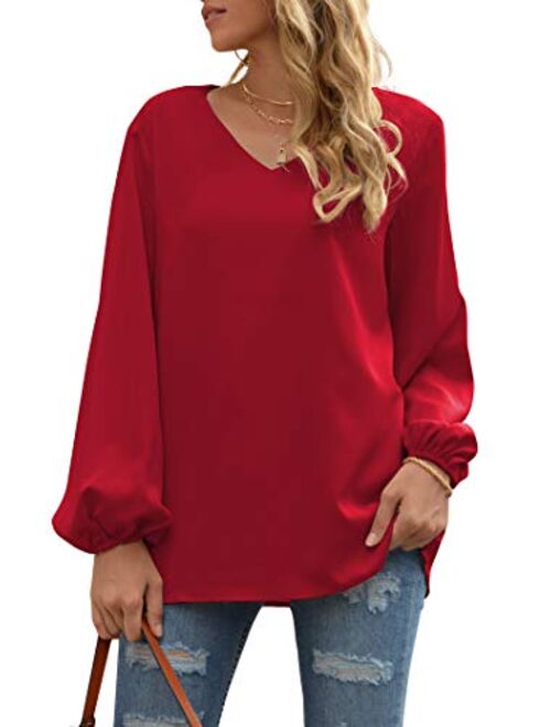 WANGZHI Women's Casual Sweet & Cute Loose Shirt Balloon Sleeve V-Neck Blouse Top