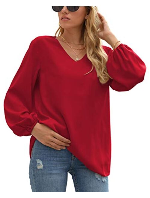 WANGZHI Women's Casual Sweet & Cute Loose Shirt Balloon Sleeve V-Neck Blouse Top