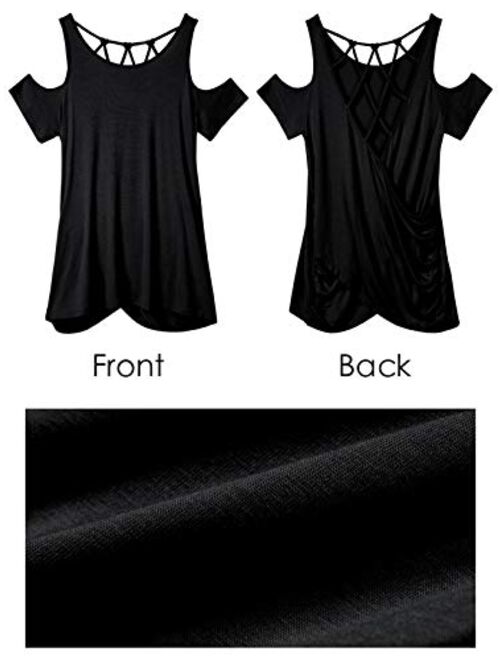 Jeanewpole1 Womens Sexy Cold Shoulder T Shirts Criss Cross Twist Open Back Short Sleeve Blouses Tops