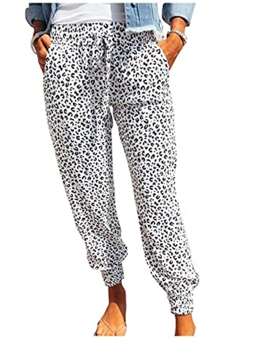 ROSKIKI Womens Leopard Drawstring Elastic Waist Sports Lounge Pants with Pockets