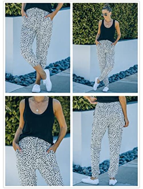 ROSKIKI Womens Leopard Drawstring Elastic Waist Sports Lounge Pants with Pockets