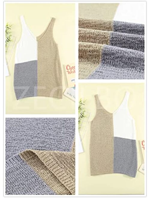 Zecilbo Women's Stripes Knit Tank Top Sleeveless V-Neck Solid Color Blouse Shirts Tunics