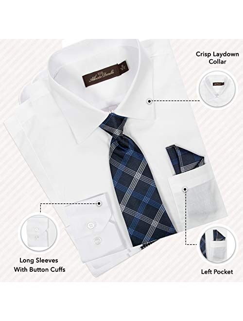 Alberto Danelli Boys Dress Shirt with Matching Tie and Handkerchief, Long Sleeve Button Down, Pocket