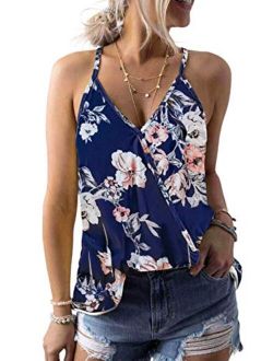 Womens 2022 V Neck Camisole Leaf Print Tanks Tops and Blouse S-XXL