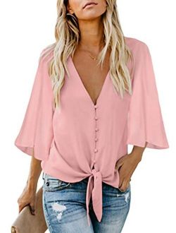 Ecrocoo Women's Casual 3/4 Tiered Bell Sleeve V Neck Print Button Down Loose Tops Blouses Shirt