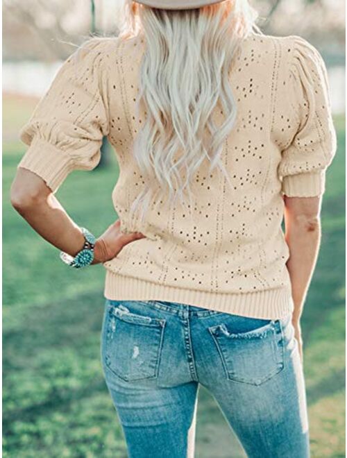Saodimallsu Womens Cute Short Puff Sleeve Sweaters Loose Crew Neck Lightweight Pointelle Knit Pullover Shirts Tops