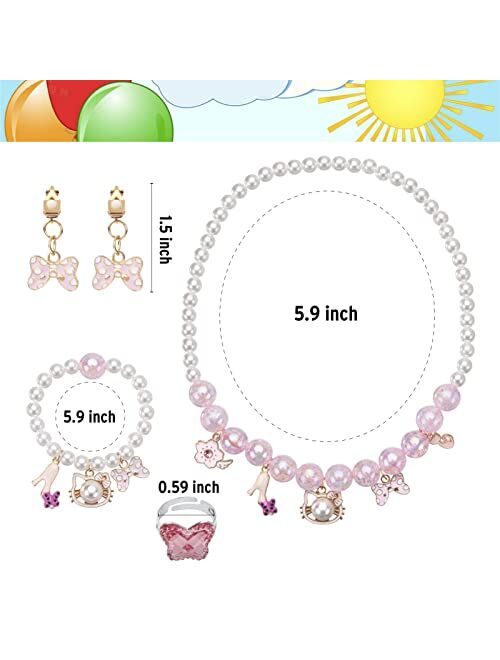 Coowayze 5PCS Girls Dress Up Jewelry Set, Including Charm Necklace and Bracelet, Clip on Earrings and Ring, Pretend Play Jewelry for Teen Girls Princess Costume, Cosplay 