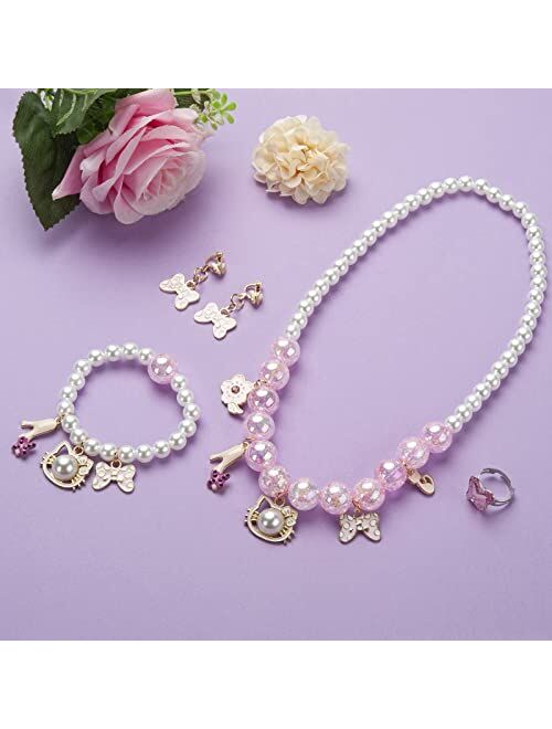 Coowayze 5PCS Girls Dress Up Jewelry Set, Including Charm Necklace and Bracelet, Clip on Earrings and Ring, Pretend Play Jewelry for Teen Girls Princess Costume, Cosplay 