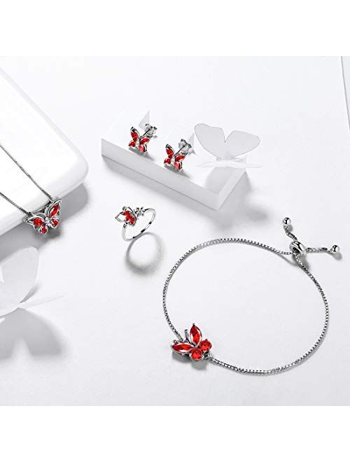Aurora Tears Butterfly Jewelry Set,Women 925 Sterling Silver Butterflies Birthstone Pendant Necklace/Earrings/Rings Wedding Gift