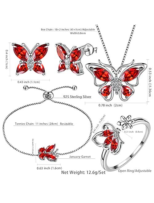 Aurora Tears Butterfly Jewelry Set,Women 925 Sterling Silver Butterflies Birthstone Pendant Necklace/Earrings/Rings Wedding Gift