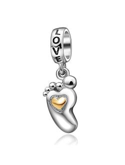 Luckybeads - Gold plating & Rose Gold Plating Charm Baby Feet Dangle 925 Sterling Silver Charm Heart & Love Charm fit DIY Bracelet & Necklace
