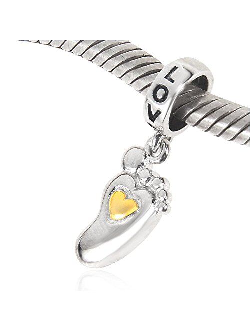 Luckybeads - Gold plating & Rose Gold Plating Charm Baby Feet Dangle 925 Sterling Silver Charm Heart & Love Charm fit DIY Bracelet & Necklace