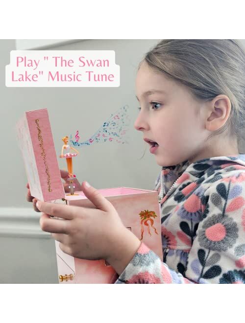 Enchantmints Ballerina Jewelry Box for Girls Musical Kids Treasure Box for Birthday Gifts with Spinning Ballerina Music Box Play Swan Lake Pink