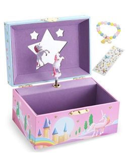 JOYIN Unicorn Girls Musical Jewelry Box With Star Shaped Mirror, Spinning Unicorn and Unicorn themed Bracelet & Stickers