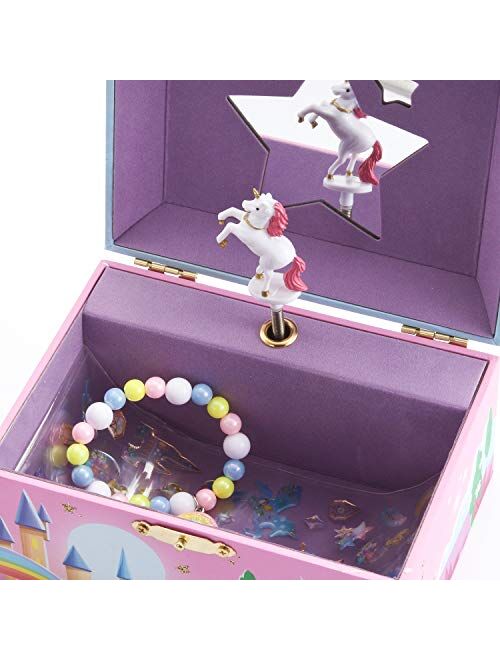 JOYIN Unicorn Girls Musical Jewelry Box With Star Shaped Mirror, Spinning Unicorn and Unicorn themed Bracelet & Stickers