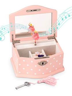 Art Lins Elle Jewelry Box - Ballerina Jewelry Organizer and Swan Lake Wind-Up Music Box for Girls and Teens, Accessories and Keepsake Wooden Storage with Lock and Mirror,
