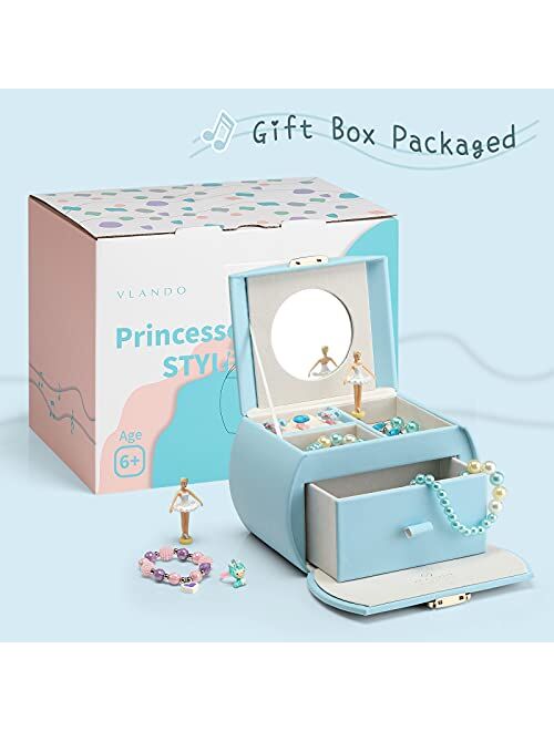 Vlando Kids Musical Jewelry Box for Girls with Drawer, Music Box with Ballerina and Stickers for Birthday Gifts Bedroom Decor Gift