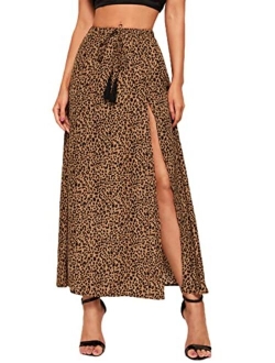 Women's Summer Boho Floral Print Fringe Split Thigh Full Length Maxi Skirt