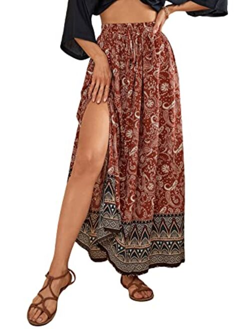 SheIn Women's Summer Boho Floral Print Fringe Split Thigh Full Length Maxi Skirt