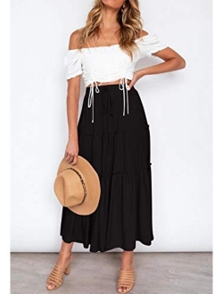 LEANI Women’s Elastic High Waist Boho Maxi Skirt Ruffle A Line Swing Long Skirts