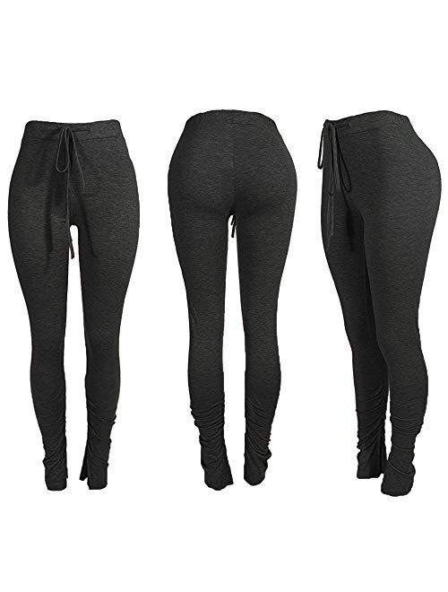 Kokay Womens Stacked Leggings Pants, Ladies Casual High Waist Sweatpants Solid Color Split Hem Flare Pants, Workout Active Pants