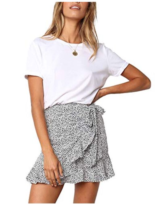 Relipop Women's Stretchy Cotton Floral/Polka Dot High Waist Ruffle Wrap Tie Knot Fishtail Mini Short Skirt