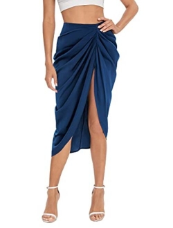 Women's Fold Pleated Asymmetrical Split Thigh High Waist Midi Ruched Skirt